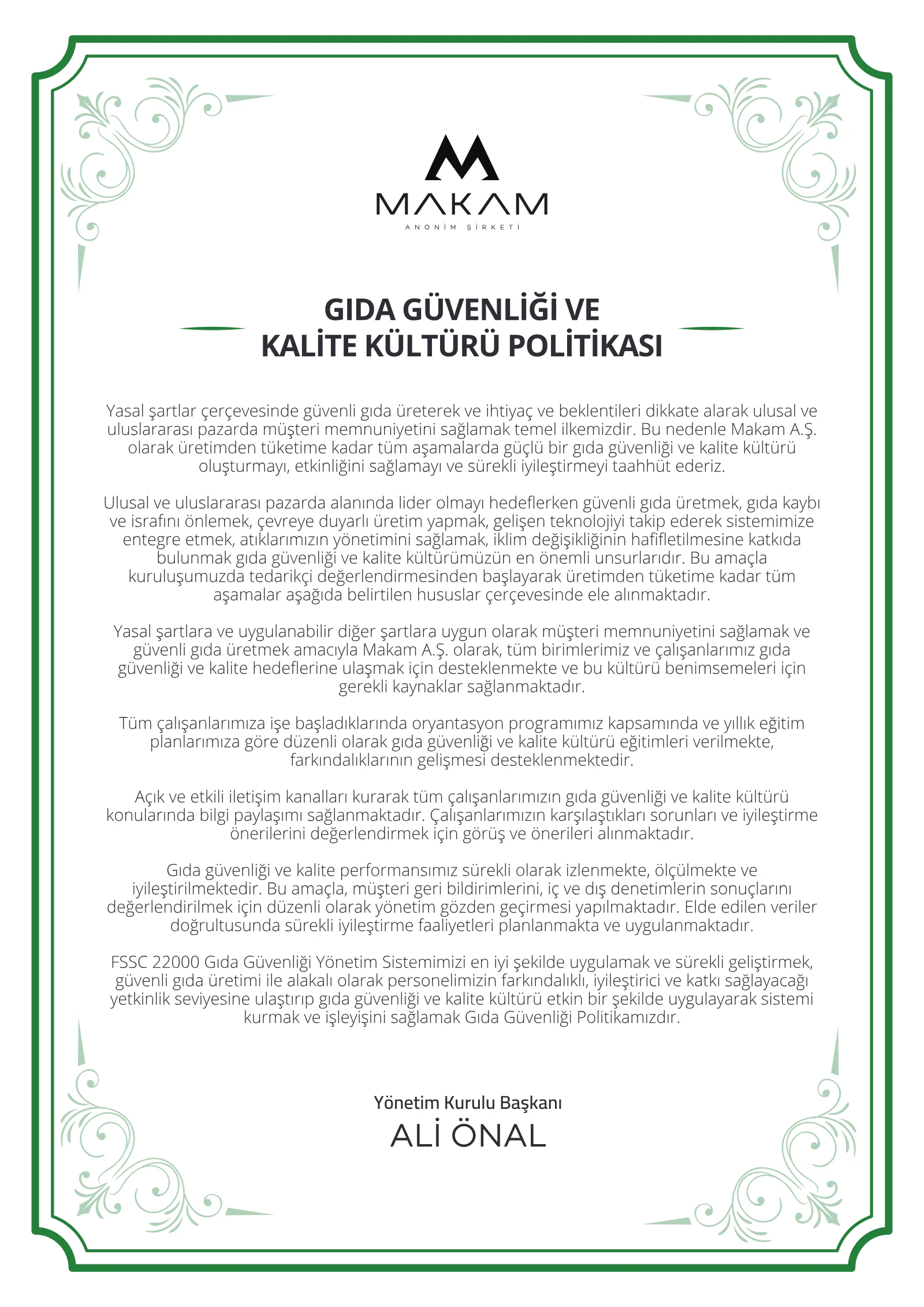 Gıda Güvenliği ve Kalite Kültürü